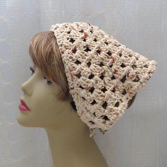 Beige Boho Style Crocheted Bandana, Cottage Core Hair Accessories, Festival Wear - Picture 1 of 8
